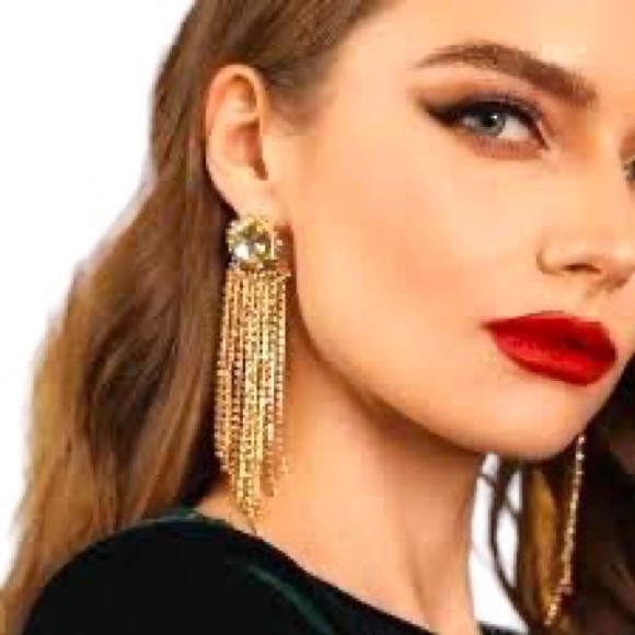 Gold Earrings Tassel Fringe Statement Rhinestone Crystal Dangle Drop Earrings - Picture 2 of 2